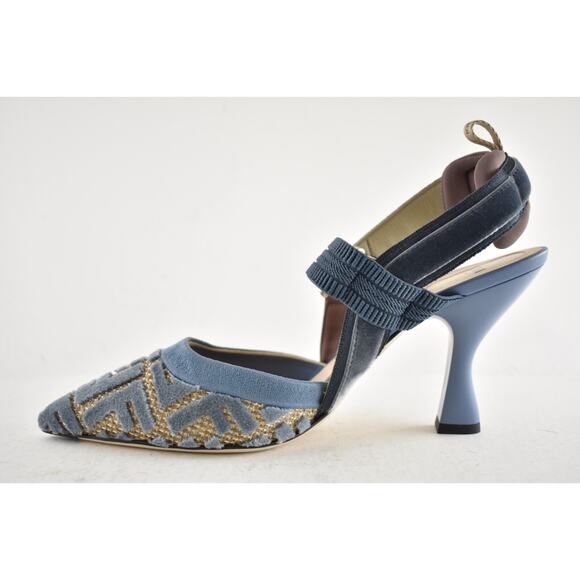 Fendi Colibri Lite 85mm Blue Velvet Beige FF Logo Pointed Slingback Heel Pump 40 - Picture 10 of 14